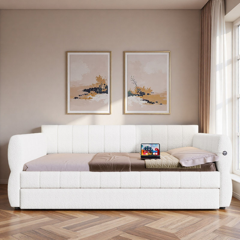 Upholstered Daybed With Usb And Trundle, White