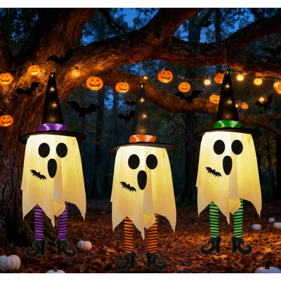3 pièces d'Halloween décorations de fantômes suspendus en plein air fantômes avec chapeau de sorcière lumières de chapeau de sorcière brillantes pour porche, patio, arbre, fête de jardin