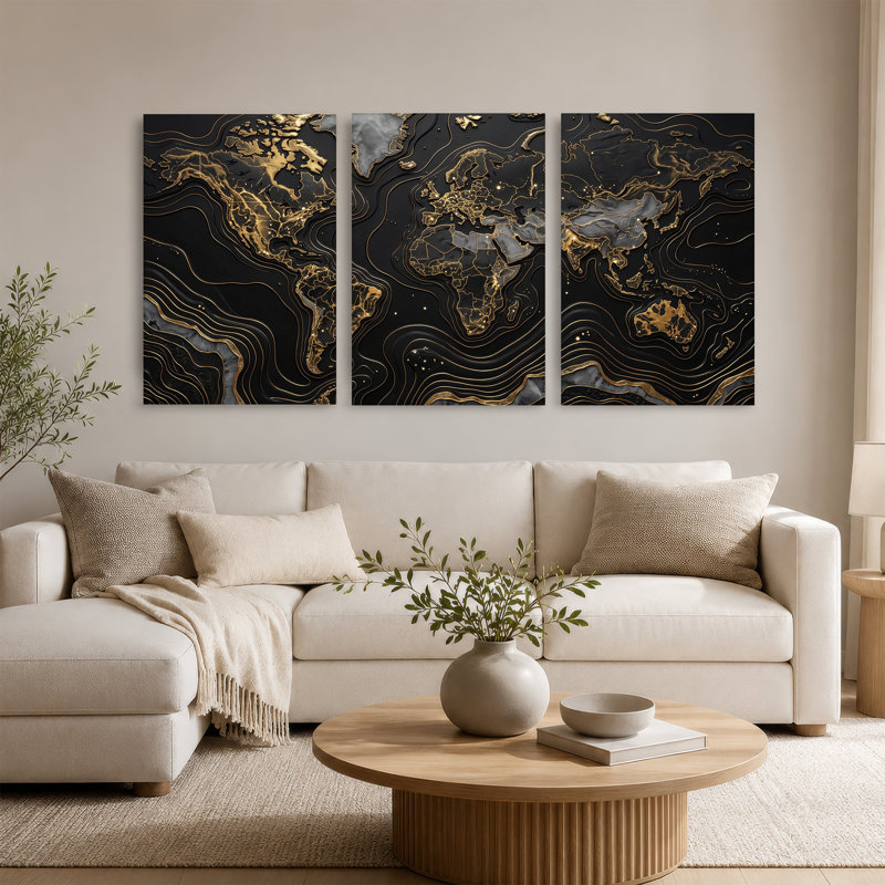 Carte du monde or sur fond de texture de marbre noir, ensemble de 3 toiles, H 24 po x l 16 po x 3 pièces