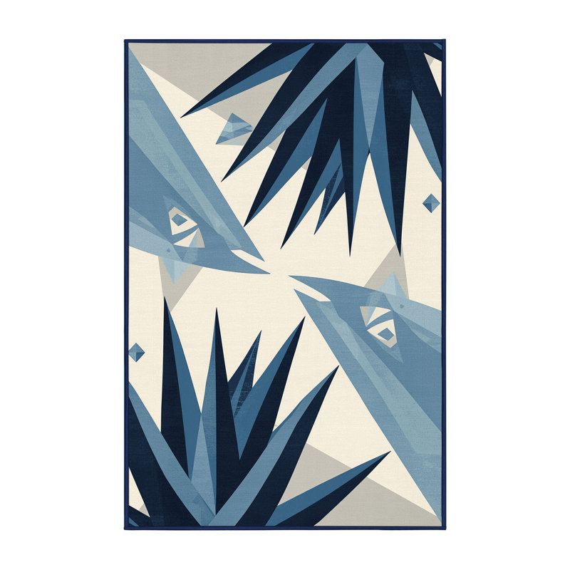 Machine Washable Ortmund Blue Agave Modern & Contemporary Geometric Shapes Rug in Beige – Navy Binding, 8x10