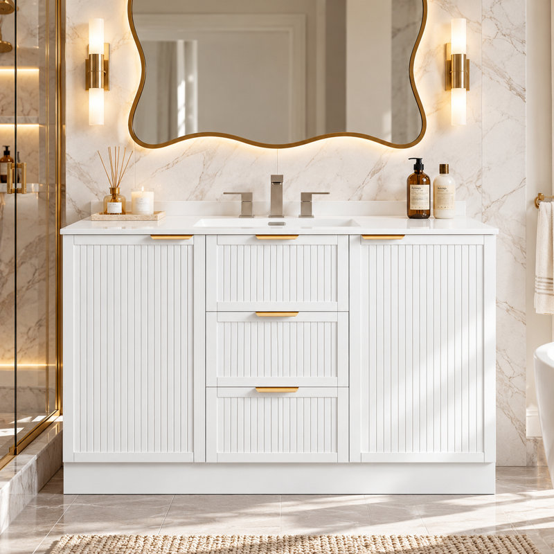 Meuble-lavabo simple blanc moderne de 48 po avec étagères réglables et charnières à fermeture en douceur