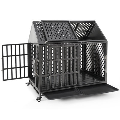 46 Inch Heavy Duty Dog Crate with Self-Locking Latches, Large Kennel Indoor, Removable Trays And Lockable Wheels, Chew Proof Cage With Pointed Roof For High Anxiety Dogs