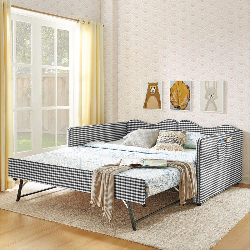 Lit de jour double, lit de jour rembourré en vichy équipé d'un cadre gigogne escamotable et d'une poche de rangement latérale, canapé-lit multifonctionnel en bois massif pour chambre d'enfant et chambre d'amis