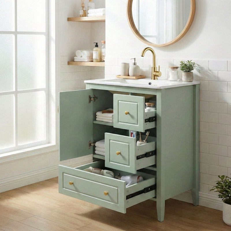 Meuble-lavabo 24 po avec lavabo, une armoire avec porte à fermeture douce, 3 tiroirs à fermeture douce, poignées en métal rétro