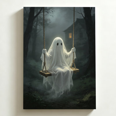 Halloween Canvas Wall Art 24"x36" Ghost on a swing in a foggy forest, Digital Painting with Gothic and Eerie Tones Canvas Print. Modern Wall Decor for Bedroom, Living Room & Home Office