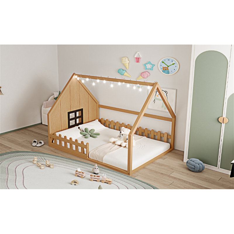 Lit en bois avec fenêtre et clôture, Naturel