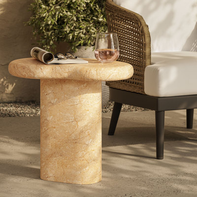 Elowen Indoor - Outdoor Patio Textured Faux Travertine Side Table In Travertine