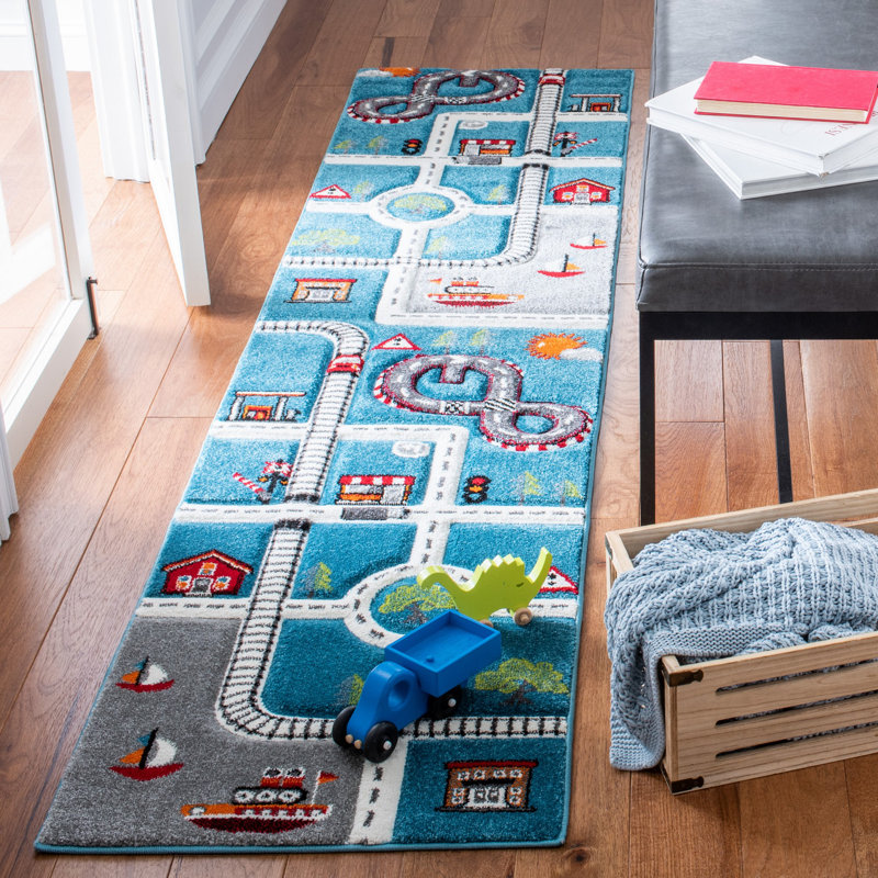Tapis turquoise / ivoire pour enfants Hildreth, Tapis de couloir 2 pi x 8 pi