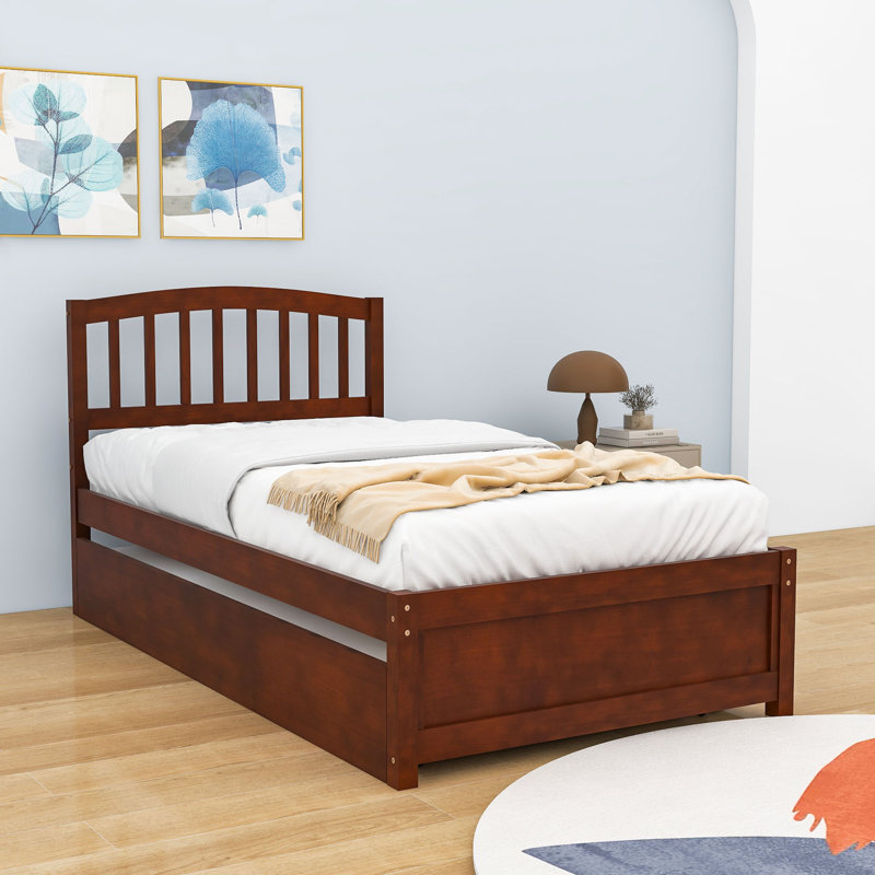 Twin Wood Platform Bed with Twin Trundle, Walnut