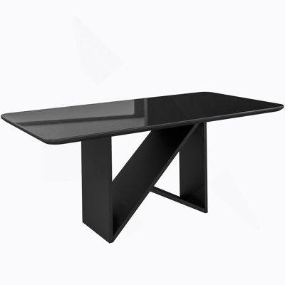 Table de salle à manger 6 places de style italien avec plateau en verre peint et base en bois élégante, noir