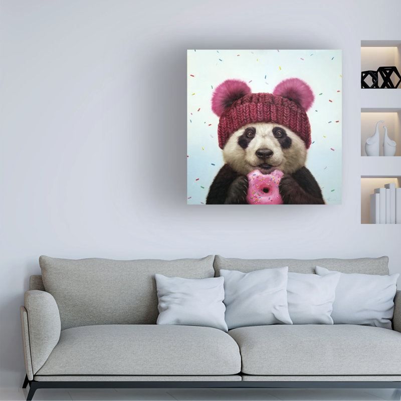 Panda with Knit Hat Eating Doughnut Canvas Art