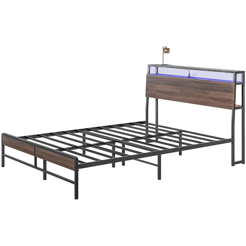 Queen Size Platform Bed Frame, Headboard With Advanced Led Lights, Charging Station & 3 Shelf, Steel Slats, Effortless Setup, Walnut Lights Space Optimization, Simple