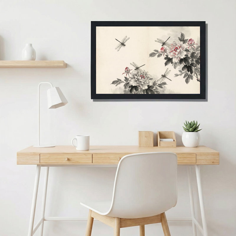 Ensemble de 1 tableau à l'encre représentant une libellule et une pivoine (motif floral), H 24 po x l 36 po