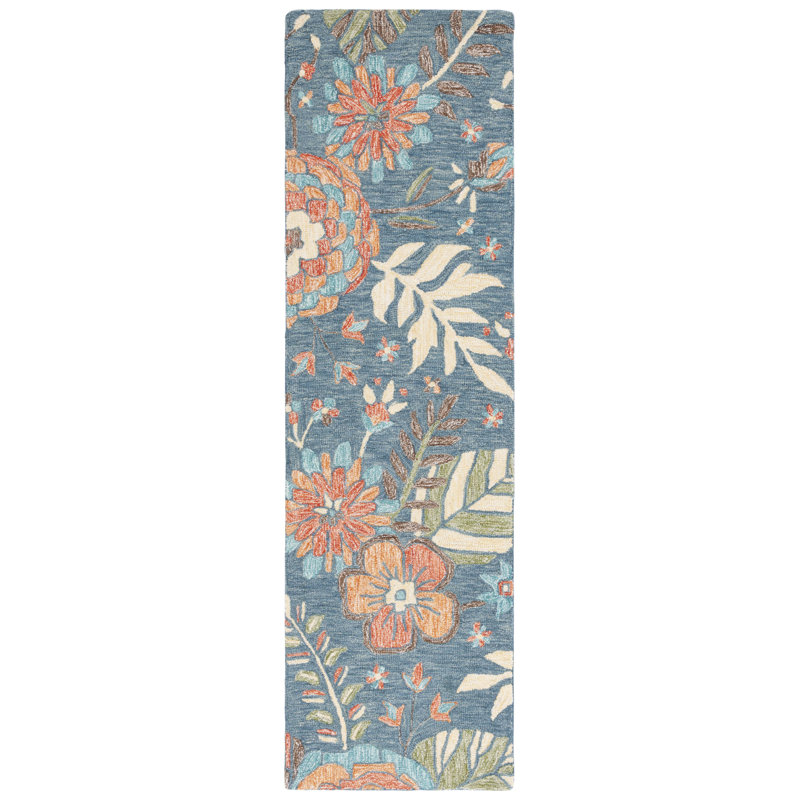 Jardin Handtufted Wool Cotton Floral Rug in Blue/Green, Runner 2'3" x 8'