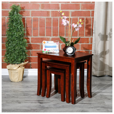 3-Piece Cherry Nesting Table Set, Modern Living Room Accent Tables with Rubber Wood Construction, Space-Saving Nesting Design