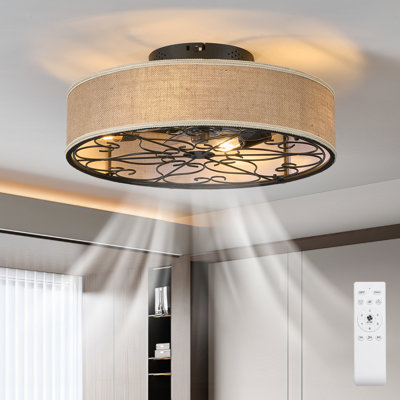 20" Matte Black Fabric Drum Flush Mount Ceiling Fan with Lights,6-Speed Low Profile Enclosed Caged Fandelier w/Remote
