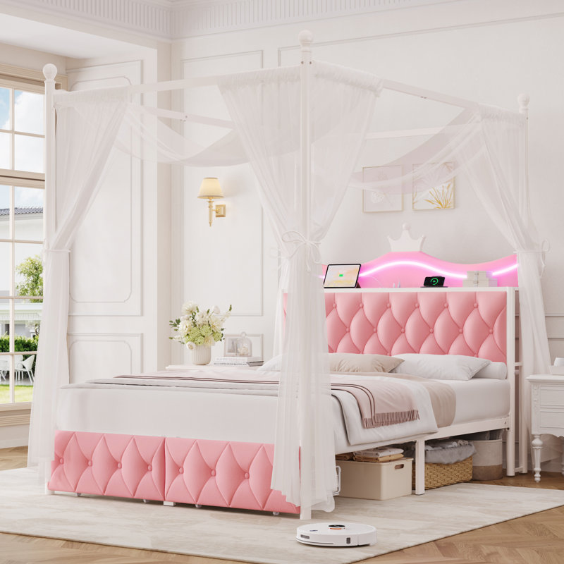  Crown-Style Upholstered Metal Canopy Storage  Bed With LED Light,Charging Port, Full/Double, Pink