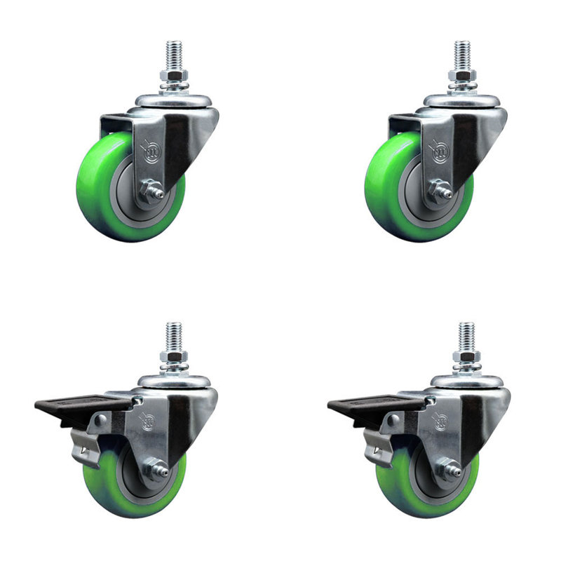 Ensemble de roulettes à tige filetée 3 pouces en polyuréthane 10 mm 2 freins SCC, Vert