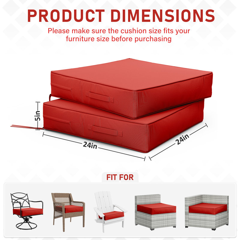Coussins de siège d'extérieur (ensemble de 2), Rouge, L 24 po x P 24 po, 5 pouces