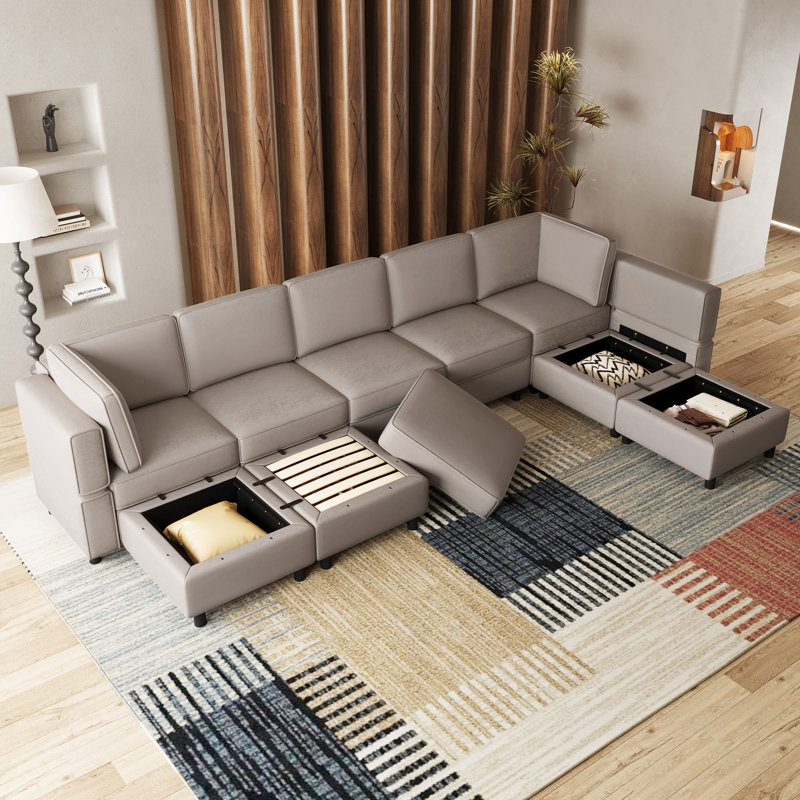 Sectional Sofa Livingroom Coner Couch With Storage Ottomans, Gray Velvet