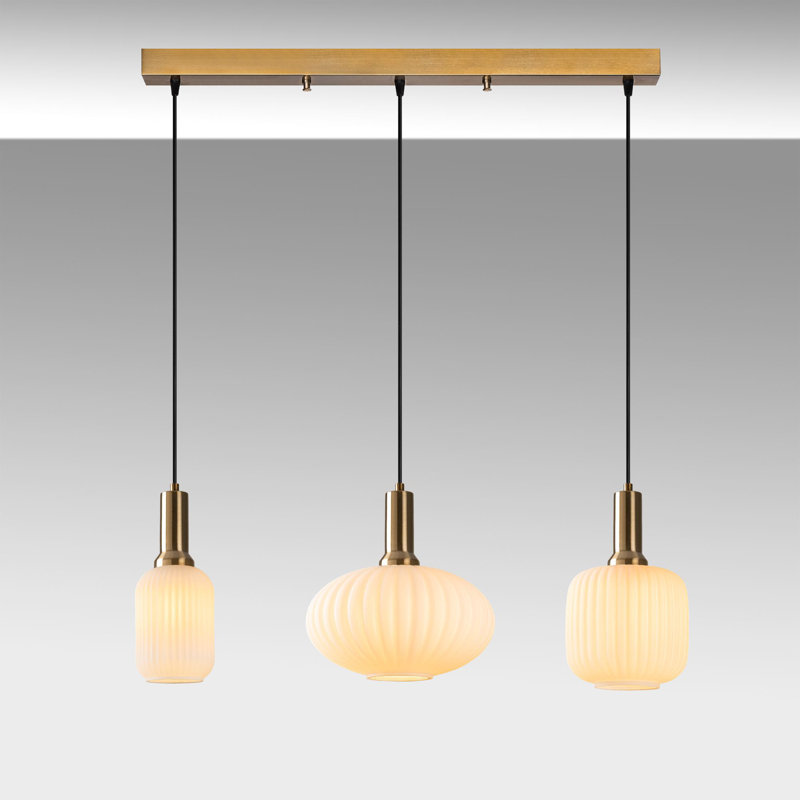 Elegant Gold Chandelier, Metal Body with Glass Caps, 34.3 x 11.8 x 51.2 Inches | 3 x E27 Max 40W Sockets (Bulbs Not Included) | Stunning Lighting Fixture for Living Room, Dining Room & Entryway Decor