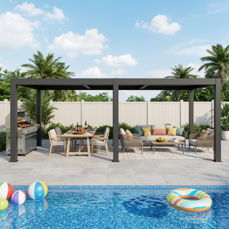 Pavillon de jardin extérieur en aluminium à toit rigide avec toit rétractable pour terrasse et jardin (10 x 20 pi avec lumière)