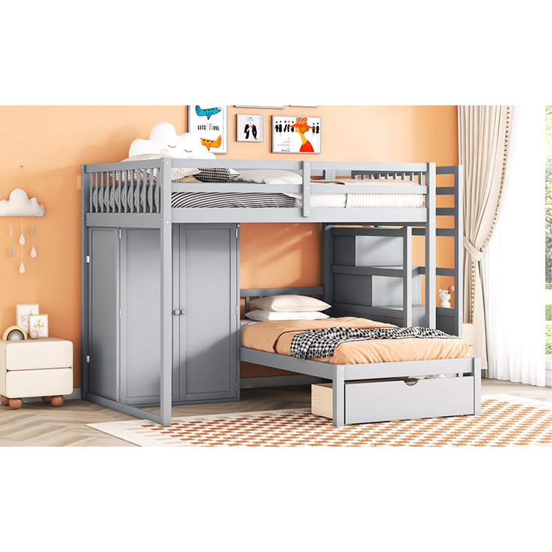 Lit superposé gris avec rangement polyvalent - garde-robe, tiroirs et espace supplémentaire double au-dessus d'un lit simple gris. Garde-robe et pour utilisation. Chambre à coucher. L 97,9 po x l 80 po x H 64,6 po. Bois massif. Roulement robuste