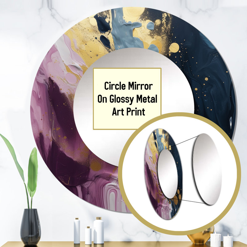 Radack Purple And Blue Movements In Paint III - Abstract Painting Wall Mirror, Purple Round Decorative Mirror, Printed Metal Art