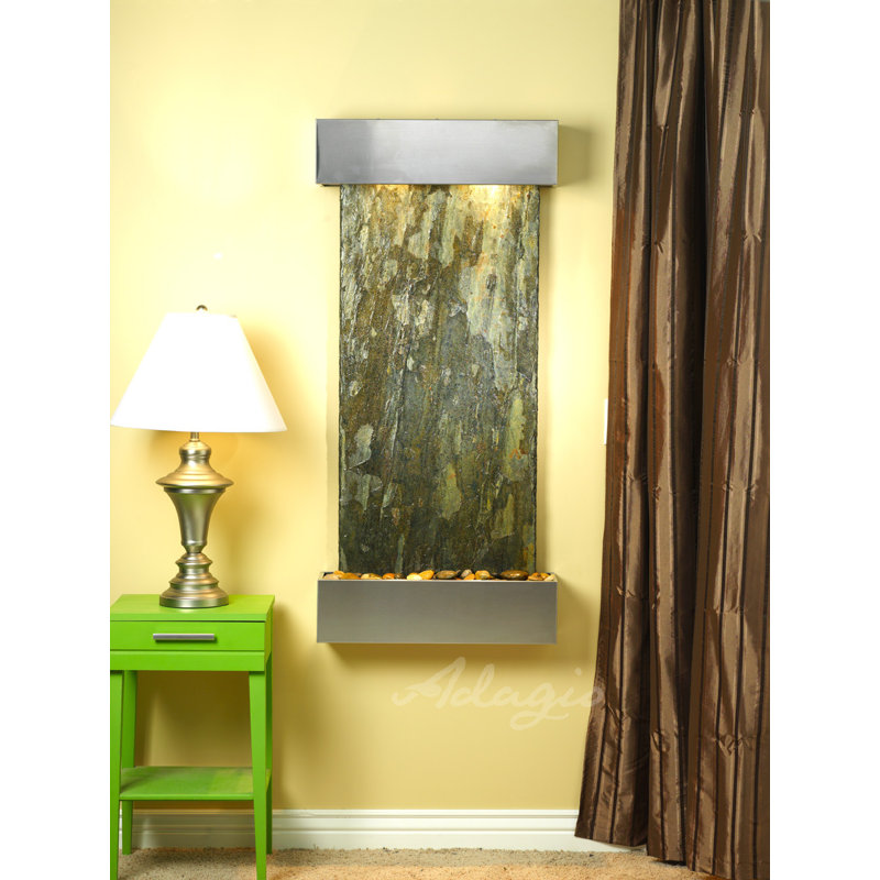 Cascade Springs Natural Stone Fountain with Light, Stainless Steel, Green Slate, Square