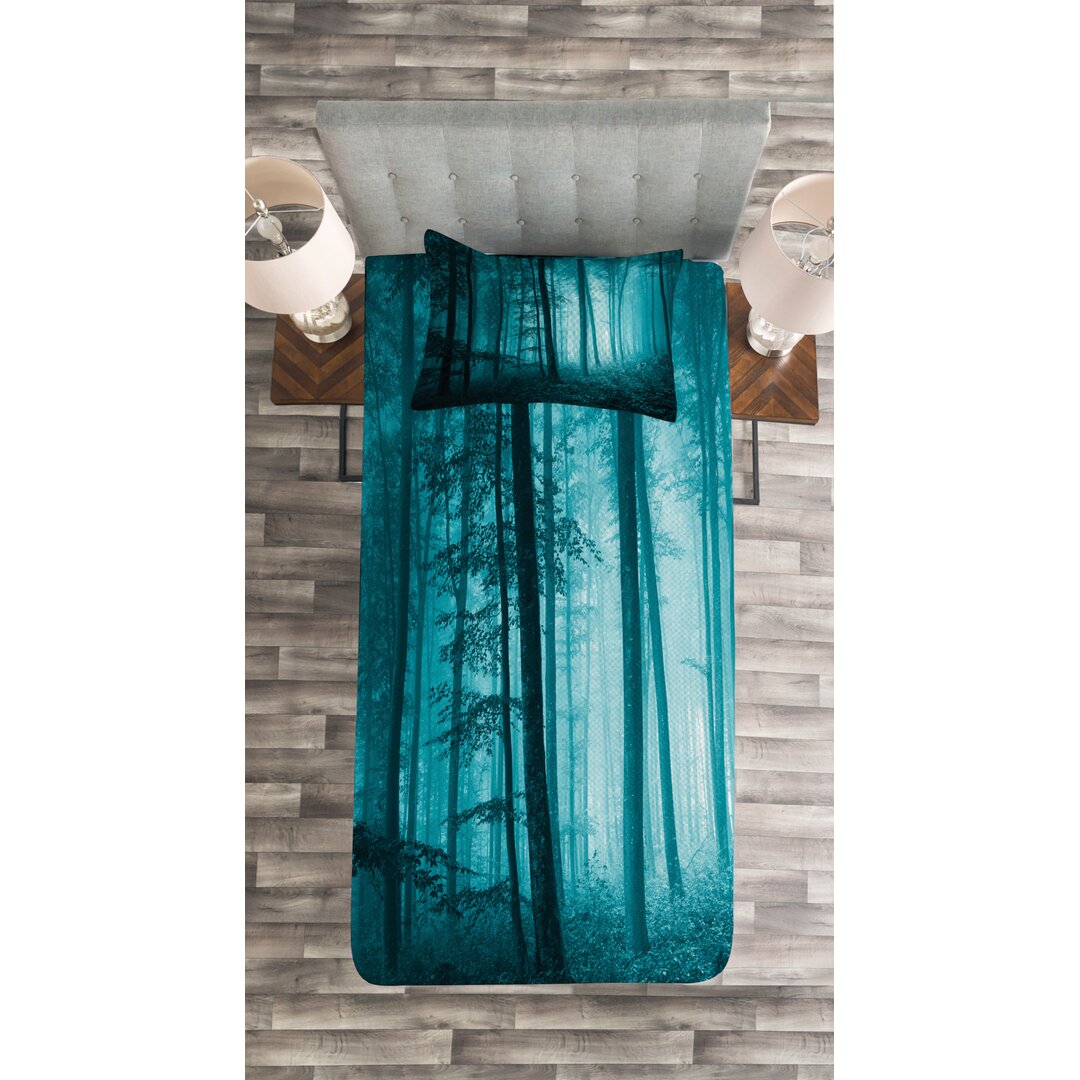 Gestepptes Bettdecken-Set, Foggy Dark Country Wald, Teal, Teal