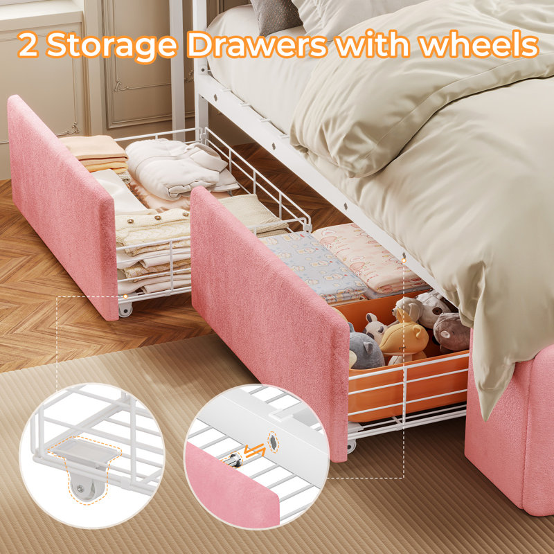 Upholstered Platform Bed Frame With 2 Storage Drawers, Velvet Princess Bed With Led Lights And Charging Station, No Box Spring Needed, Pink