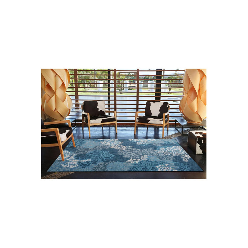 Tapis bleu à motif floral lavable à la machine, Sous-tapis carré 4 pi 11 po inclus