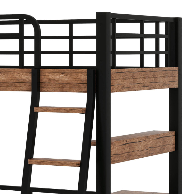 Metal Loft Bed Frame With LED And Storage Shelf, Loft Bed With Built-In Desk, Twin