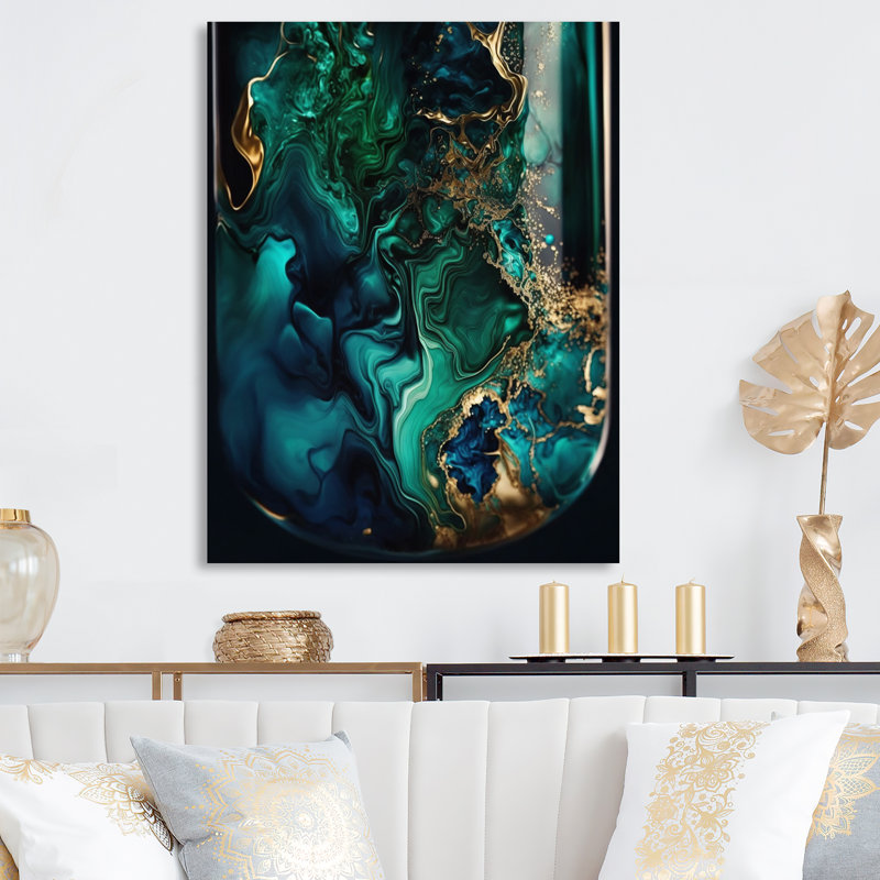 Géode abstraite marbre vert et bleu II - marbre mural abstrait en métal, H 20 po x l 12 po