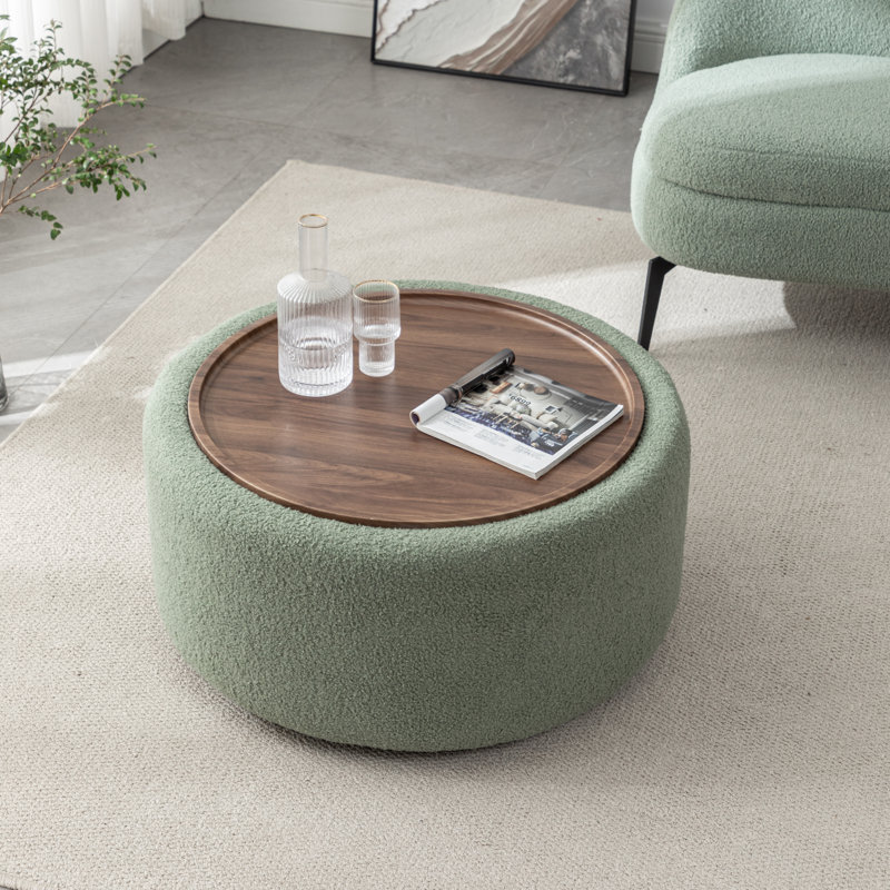 Bryonie Round Cocktail Ottoman with Storage, Green Performance Boucle