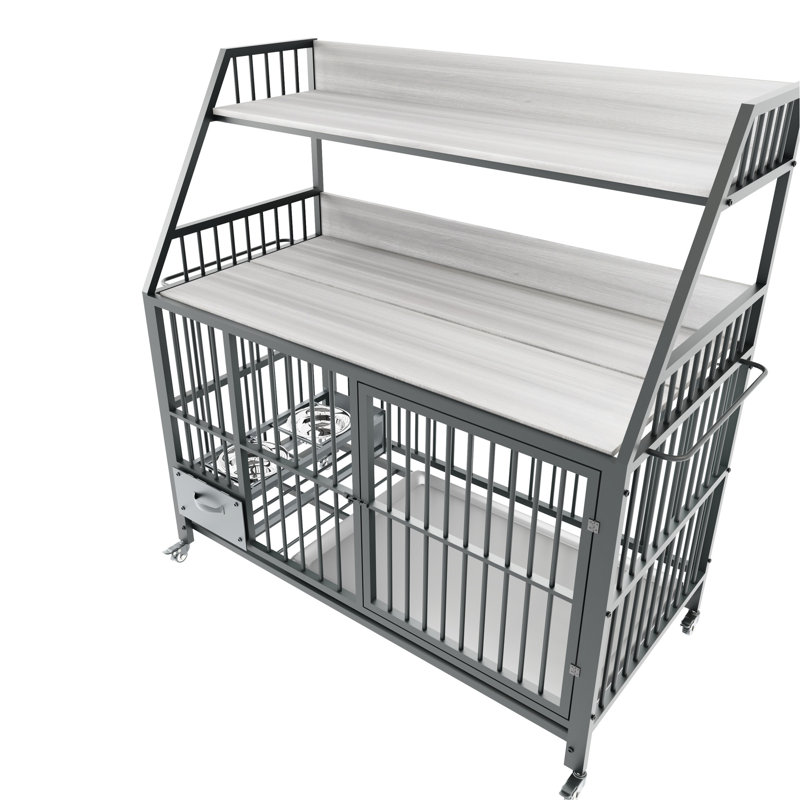 Cage pour animaux avec structure en fer, cuves en acier inoxydable, 50,1 po Hauteur, largeur 23,39 po, grand cadre de rangement noir et hauteur, 35,87 po de profondeur, + gris fumée