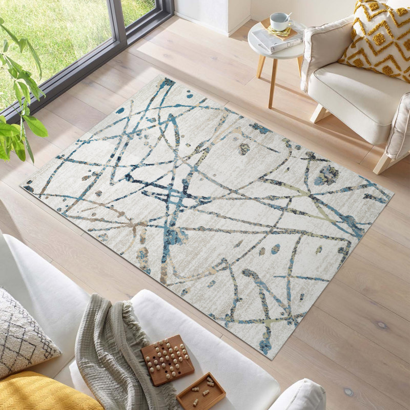 Machine Washable Archie Blue/Beige Rug, Rectangle 4' x 6'