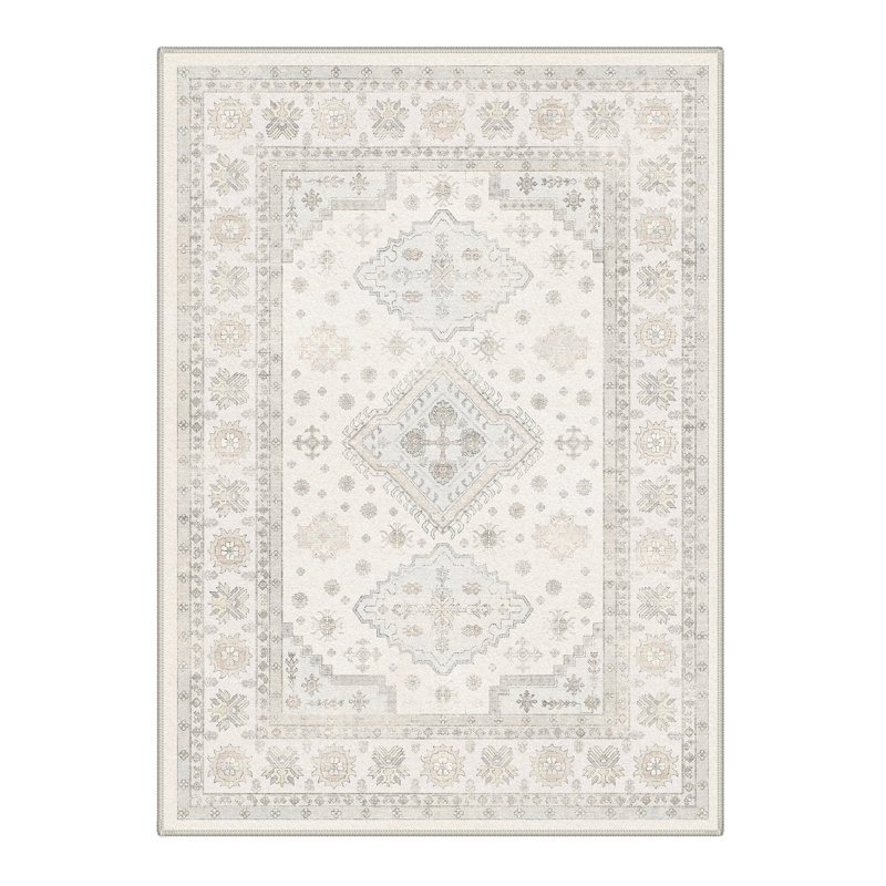 Tapis oriental oriental lavable à la machine avec envers antidérapant, Beige, Rectangle 9 pi x 12 pi