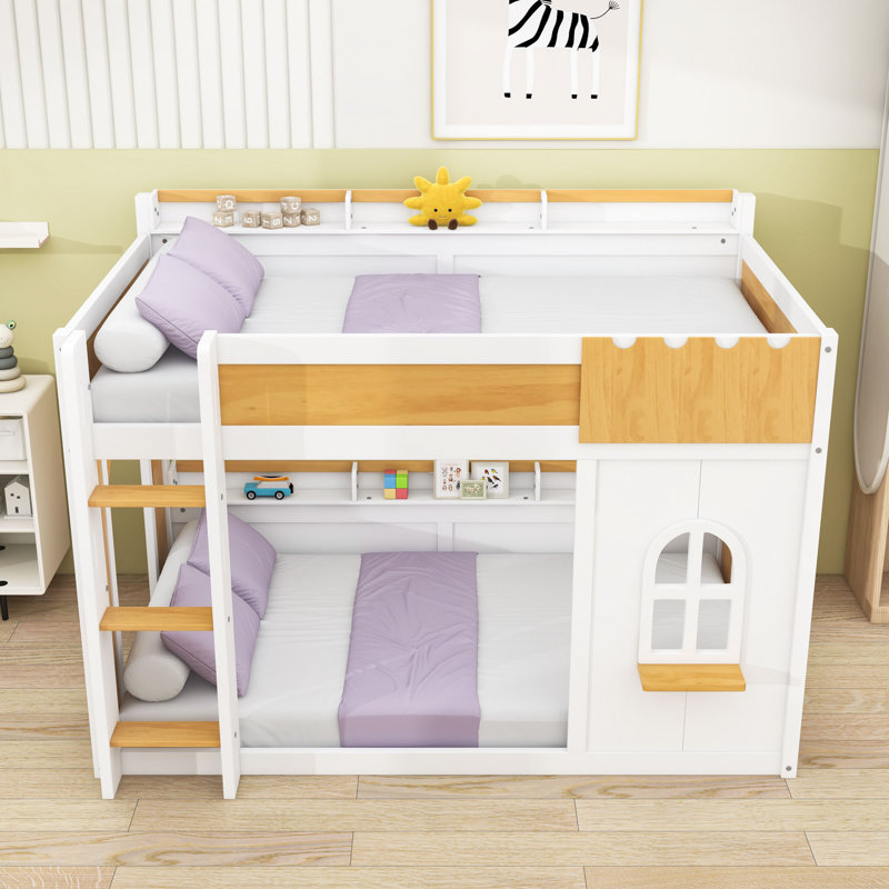 Multifunctional Wooden Bunk Bed with Shelves, Twin Over Twin