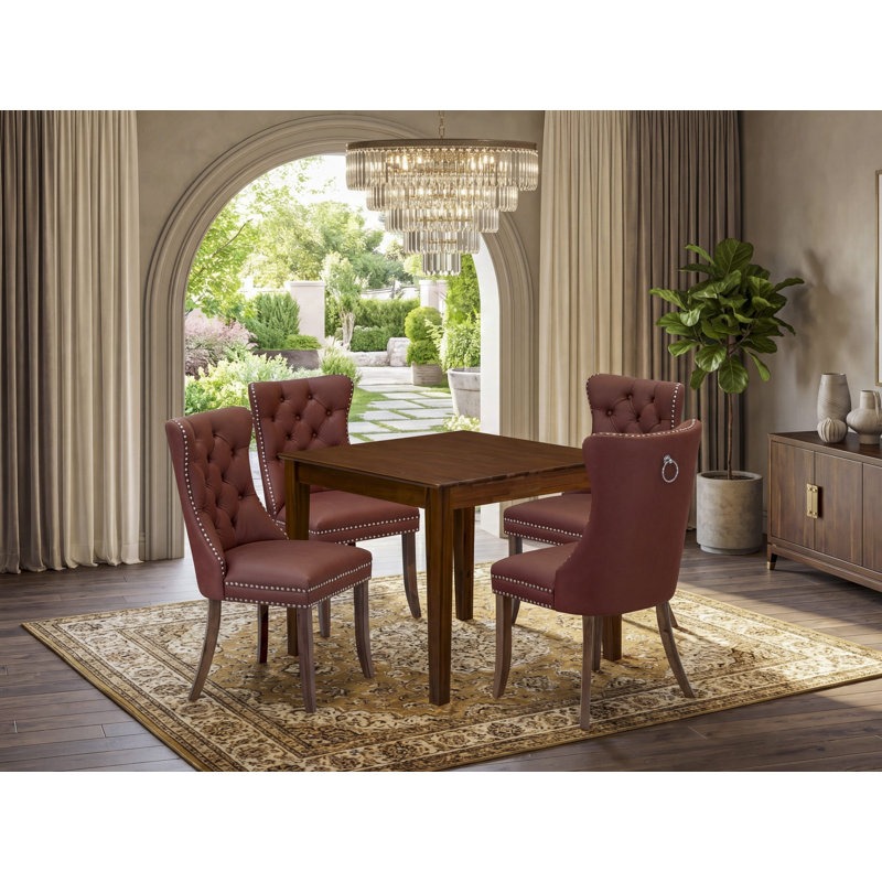 5 Piece Dining Set Consists of a Square Kitchen Table and 4 Upholstered Chairs, Antique Walnut, Antique Walnut, Brown