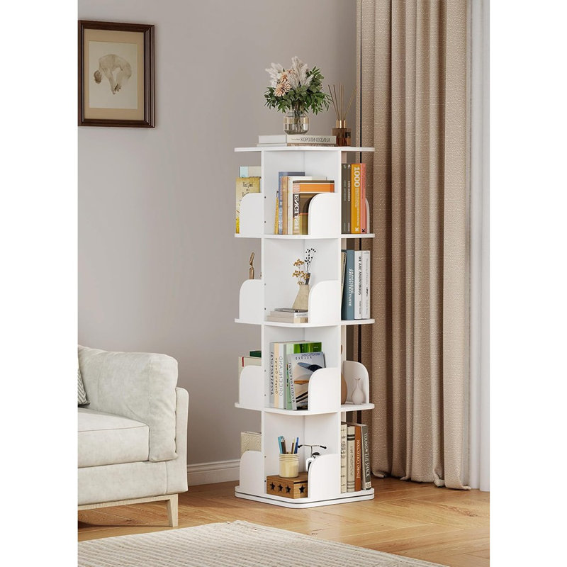 4-Tier Spinning Square Bookshelf – 360° Revolving Floor-Standing Storage Rack Or Small Spaces – White