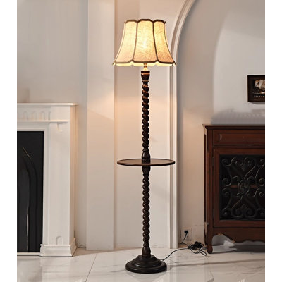 Scalloped Fabric Shade Vintage Wood Accent Light