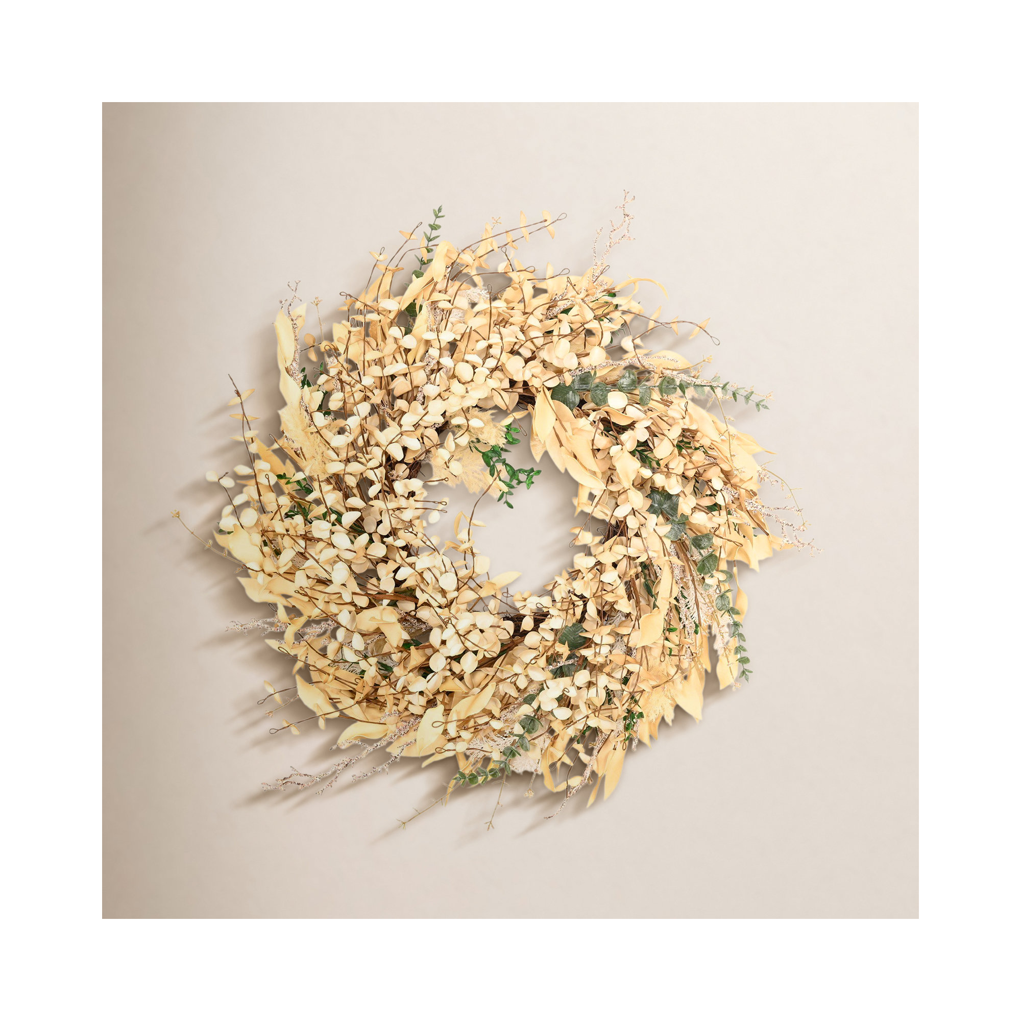 24" Artificial Farmhouse Fall Autumn Mini Eucalyptus Berry Front Door Wreath For Thanksgiving Day Harvest Decor, Beige