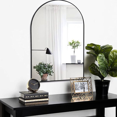 Miroir mural arqué 20 x 30 pouces pour salle de bain - cadre en aluminium, conception incassable de 4 mm de hauteur et incassable, verre brossé à suspension renforcé, protection, crochets