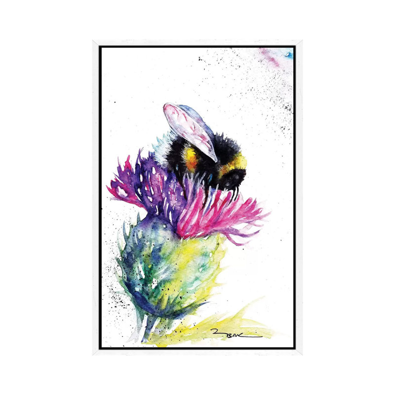 Bee And Thistle - Painting on Canvas, White Framed, 66.04cm H x 45.72cm W x 3.81cm D