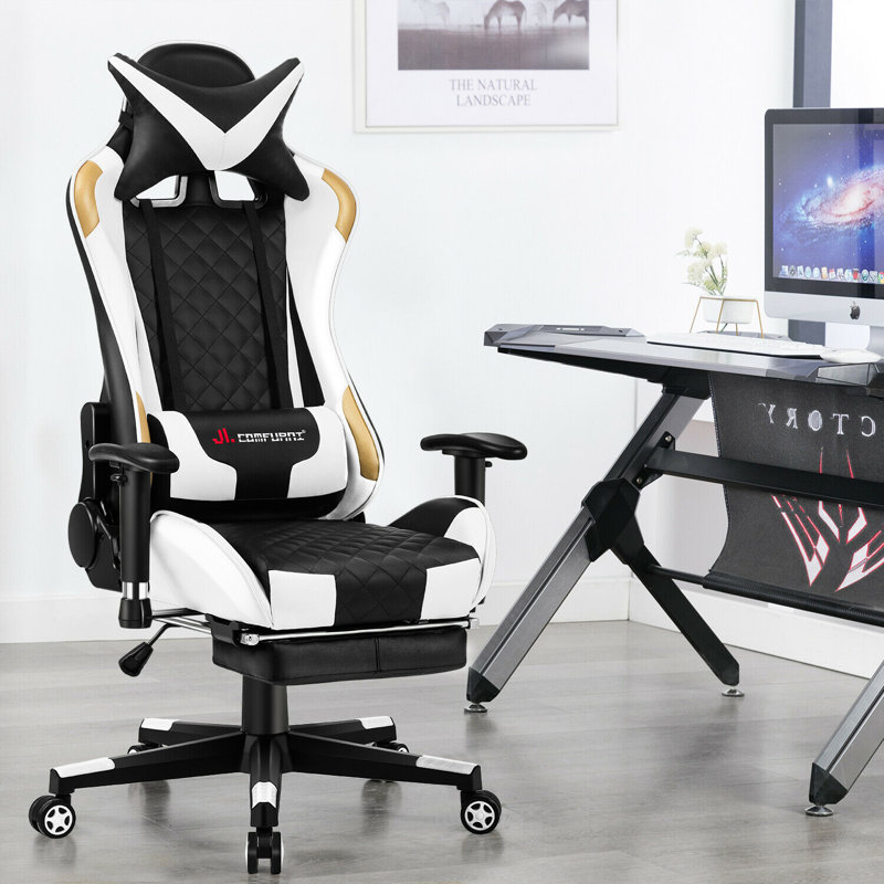 JL Comfurni Adjustable Reclining Ergonomic Faux Leather Swiveling PC & Racing Game Chair with Footrest, Gold
