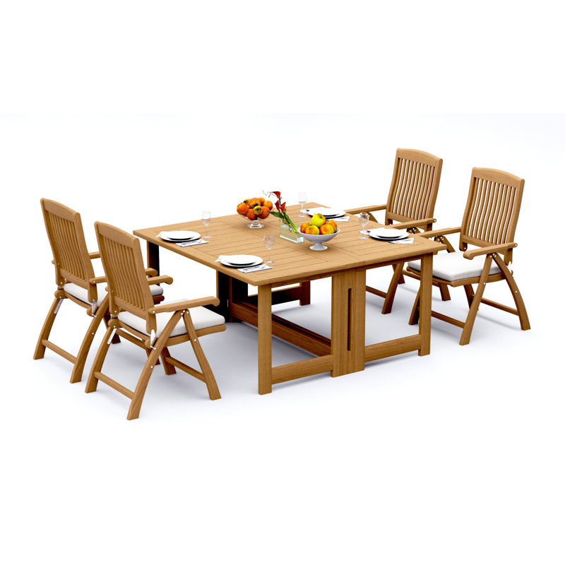 Ensemble de salle à manger 5 pièces en bois de teck de qualité A: table rectangulaire carrée de 60 po et 4 fauteuils inclinables pliables Marley # 11MR1404