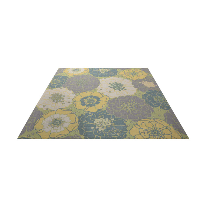Tapis d'intérieur / extérieur à motif floral vert / jaune / gris / bleu sarcelle Bertran, Carré 5 pi 3 po x 5 pi 3 po