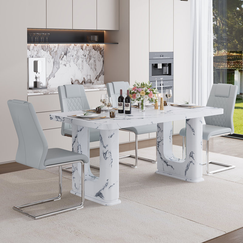 64.5" Modern Faux Marble Dining Table Set With Glass Decor, 5 Pieces: Table, 4 Chairs, Light Gray
