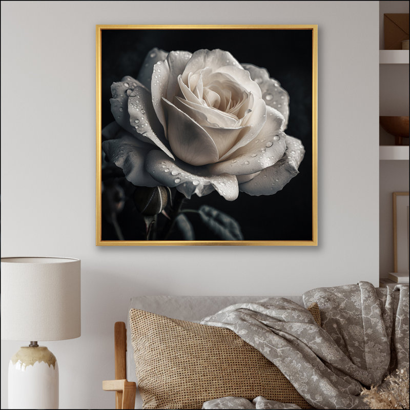 Exquises gouttelettes de rosée blanche, Cadre flottant doré, H 24 po x l 24 po x P 1 po